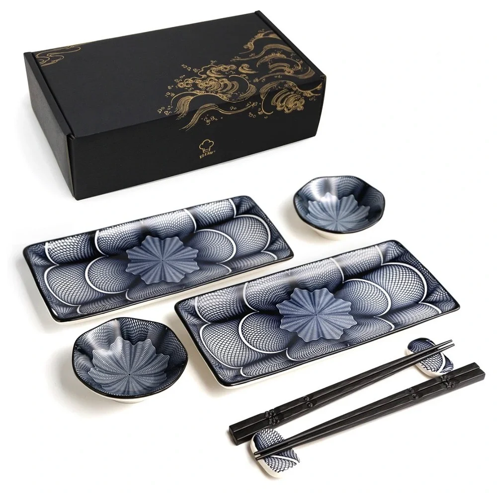 Japanese‎ Sushi Serving Set Rectangular Plates Small Bowls Chopsticks with Rests